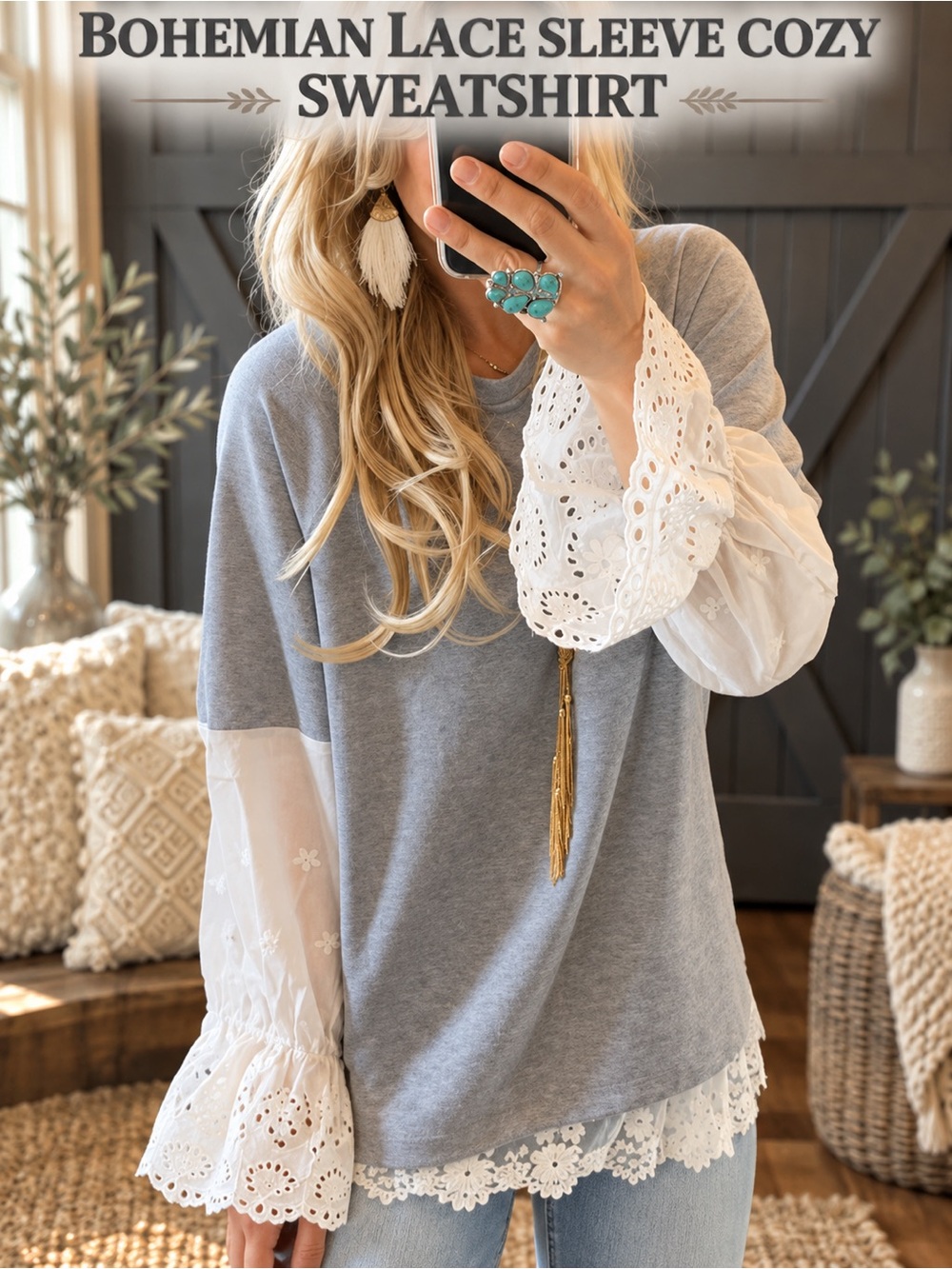 Bohemian Lace Sleeve Cozy Sweatshirt NEW